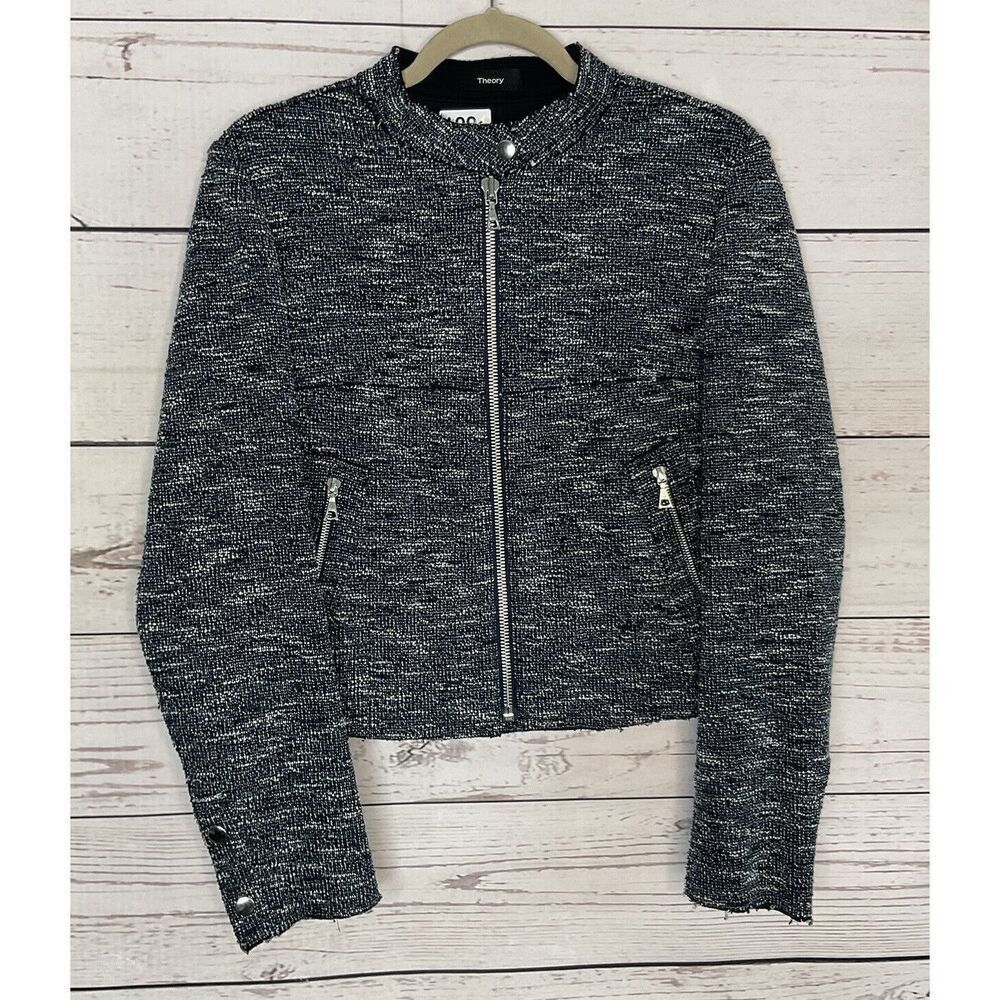 THEORY Jacket Womens Medium Moto Jacket Blue Tweed Raw Hem Neutral Minimalist - Picture 5 of 16